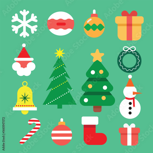 Flat Christmas Icon Collection – Holiday Tree, Snowman, Gifts, Ornaments, and Festive Symbols