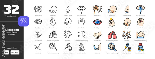 Pollen Allergy Symptoms Icon Set Collection - Outline Line Art Style. Containing Allergens, Allergy, Shots, Antihistamine, Asthma, Cough, Drowsiness, Headache, Breathing, Lacrimation, Nasal, Pollen.