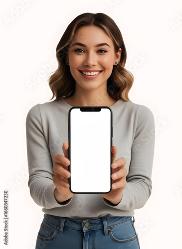 young woman holding smartphone with blank screen mockup, cut paste