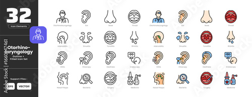 Otorhinolarynology Symptoms Icon Set Collection - Outline Line Art Style. Containing Adenoiditis, Bacteria, Deafness, Ear, Endoscopy, Medicine, Nasal, Polyps, Nose, Otitis, Otorhinolaryngology.