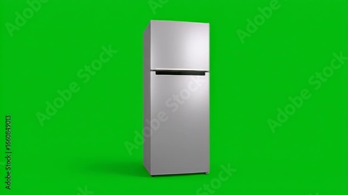 Silver refrigerator isolated against green screen for product presentation