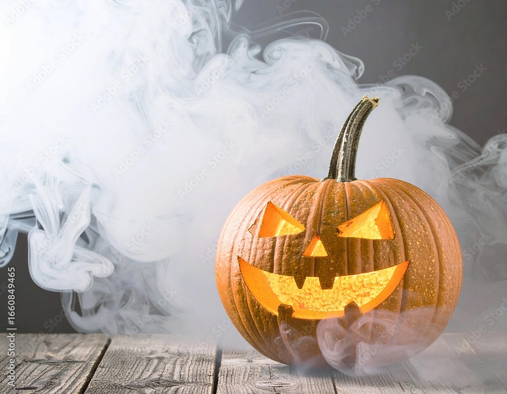 Fototapeta premium Illuminated Jack-o'-lantern in Eerie Smoke on Rustic Wood