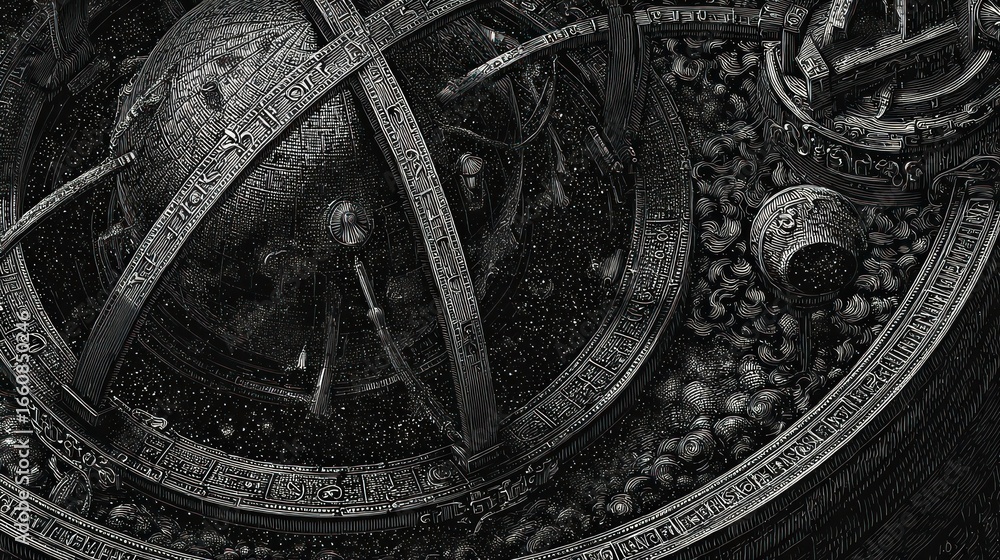 Fototapeta premium Complex orrery with celestial markings amidst a background of scattered items