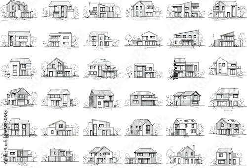 Collection of architectural hand drawn sketches showcasing diverse residential building designs and facade styles