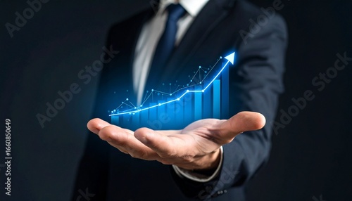A man in a suit has one hand outstretched against a dark background, with a glowing, rising blue line chart on his hand