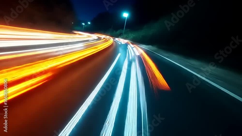 Nighttime long exposure shot of car light trails on a winding road with blurred background scenery