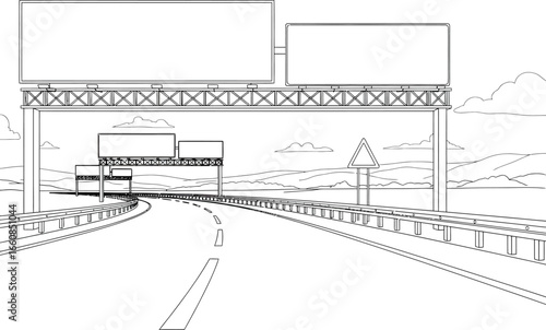 Architectural sketch of a modern highway overpass with blank billboards ready for advertising and a clear road ahead