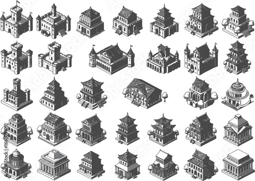 Collection of hand drawn isometric medieval fantasy castle buildings and structures for game design and architecture concepts