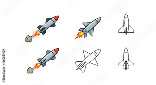 Illustration depicting rockets in various stages of launch, with detailed color and outline versions.
