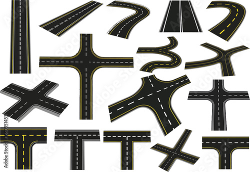 Collection of diverse road intersection and highway segment illustrations showing various junctions and straightaways with clear lane markings and asphalt texture