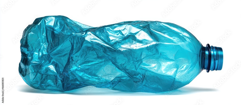 Fototapeta premium Crumpled teal plastic bottle on white background