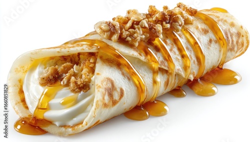 Rolled crepe filled with whipped cream and topped with nuts, drizzled with honey