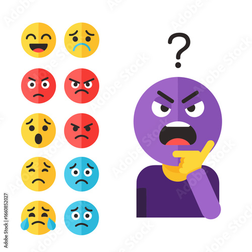 Modern flat design vector illustration of a confused cartoon character, featuring happy, sad, angry, and surprised emoticons for versatile and expressive creative projects.