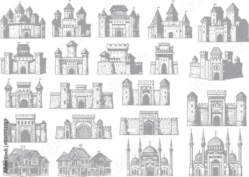 Collection of diverse hand drawn architectural illustrations of european castles and palaces in black and white sketch style