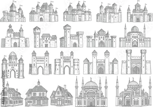 Collection of hand drawn architectural sketches showcasing diverse styles of ornate european castles and palaces