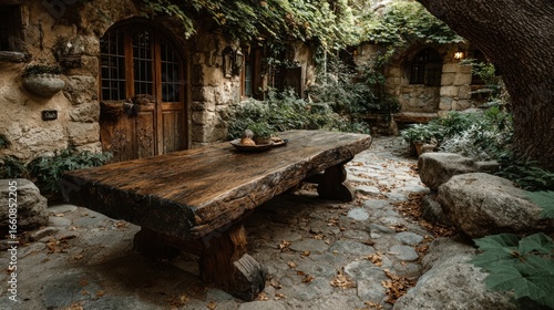 A rustic wooden table beneath a leafy tree