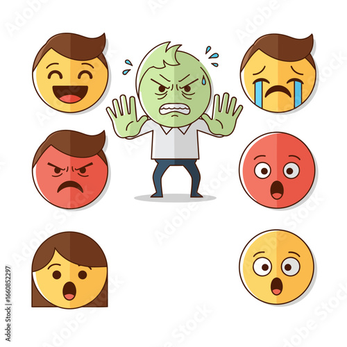 Modern flat design vector illustration of a disgusted cartoon character, including happy, sad, angry, and surprised emoticons, perfect for expressive digital projects.