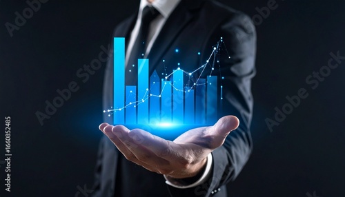 A man in a suit has one hand outstretched against a dark background, with a glowing, rising blue line chart on his hand