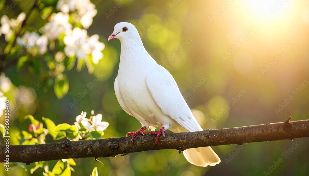 Fototapeta premium A serene white dove perched on a branch with flowering branches in the background