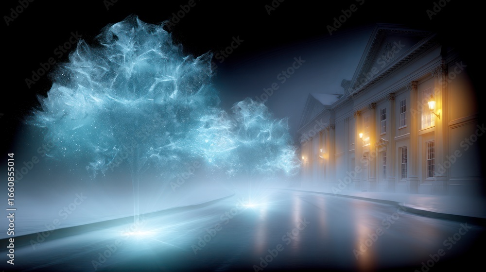 Obraz premium Ethereal blue energy clouds hover over a misty street beside a classical building at night