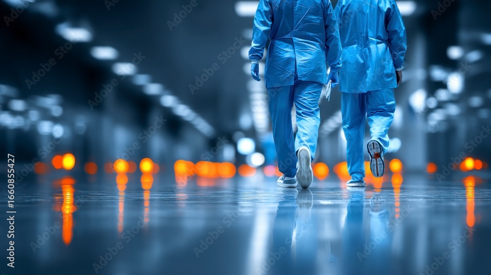 Fototapeta premium Two medical professionals walk away in blue scrubs through a modern brightly lit corridor