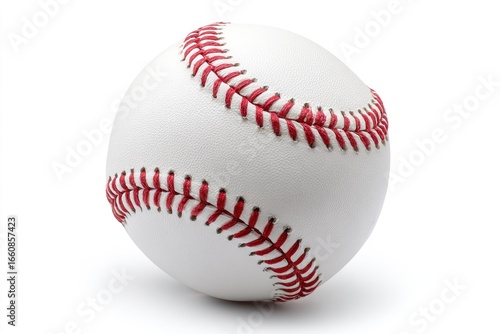 Close-up of a white baseball with red stitching against a white background