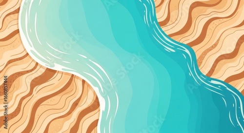 Stylized aerial view of ocean waves meeting sandy shorelines with organic shapes