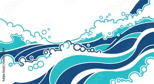 Fototapeta Naklejka Na Ścianę i Meble -  Stylized oceanic waves and white foam crests graphic in gradient colors flowing across white