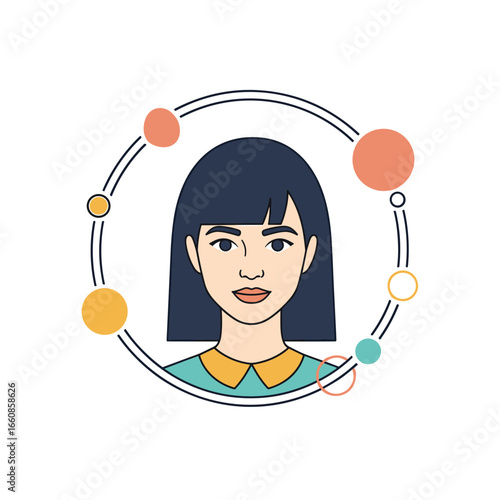 Portrait of a young woman surrounded by colorful planets and orbiting circles representing cosmic connections