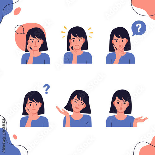 Collection of expressive female faces showing various emotions and thoughts illustrated
