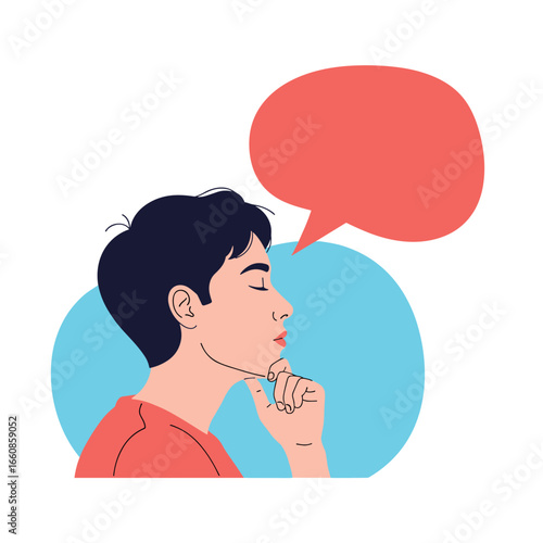 Thoughtful young man with closed eyes and a speech bubble contemplating an idea
