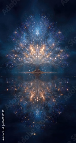 Mystical tree reflecting in dark water, glowing with soft light
