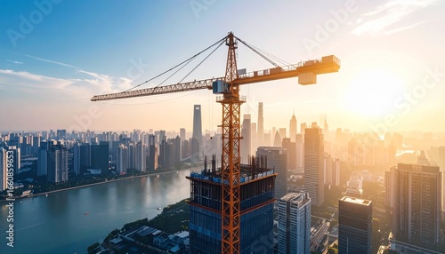 Scene of large crane lifting skyscraper steel structure, modern city background