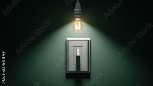 A single light bulb illuminates a wall switch in a dark room