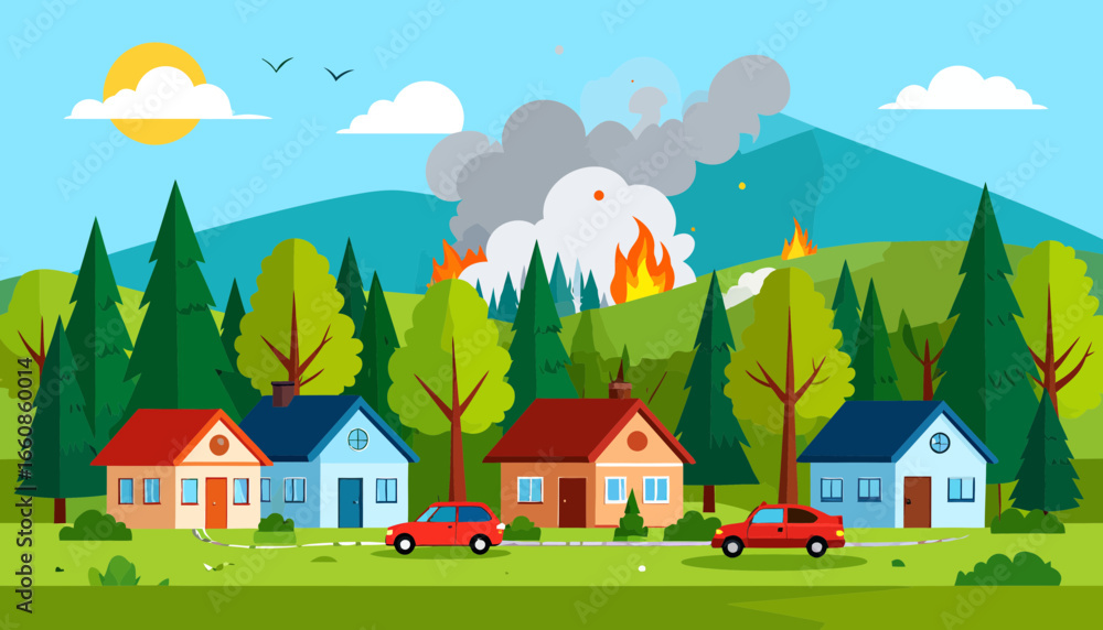 Naklejka premium houses on fire in forest suburban area.
