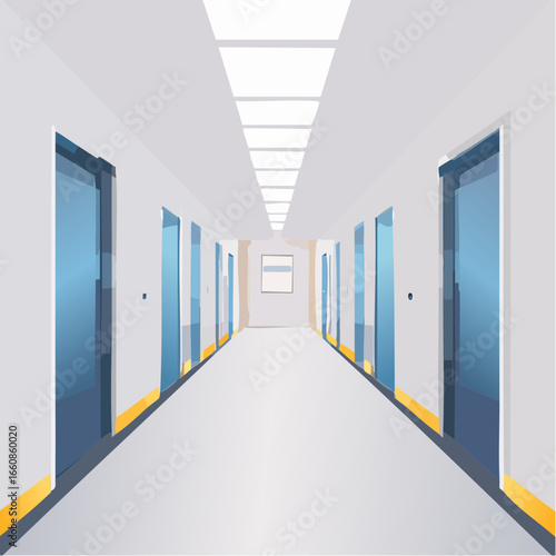 School hallway interior with doors and lockers
2