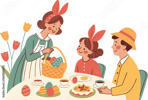 Vector illustration of a happy family celebrating Easter with eggs, food, and tea. Festive cartoon design for holiday, tradition, and spring celebration concepts.