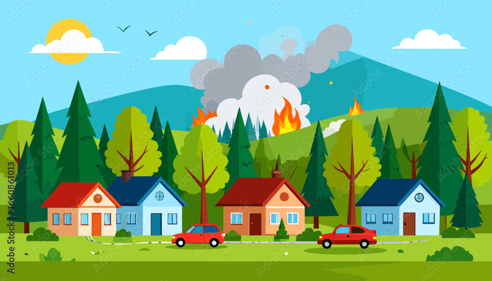 Naklejka premium houses on fire in the forest.
