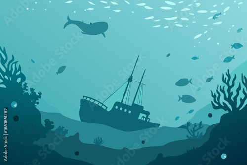 An old shipwreck lies on the ocean floor surrounded by marine life