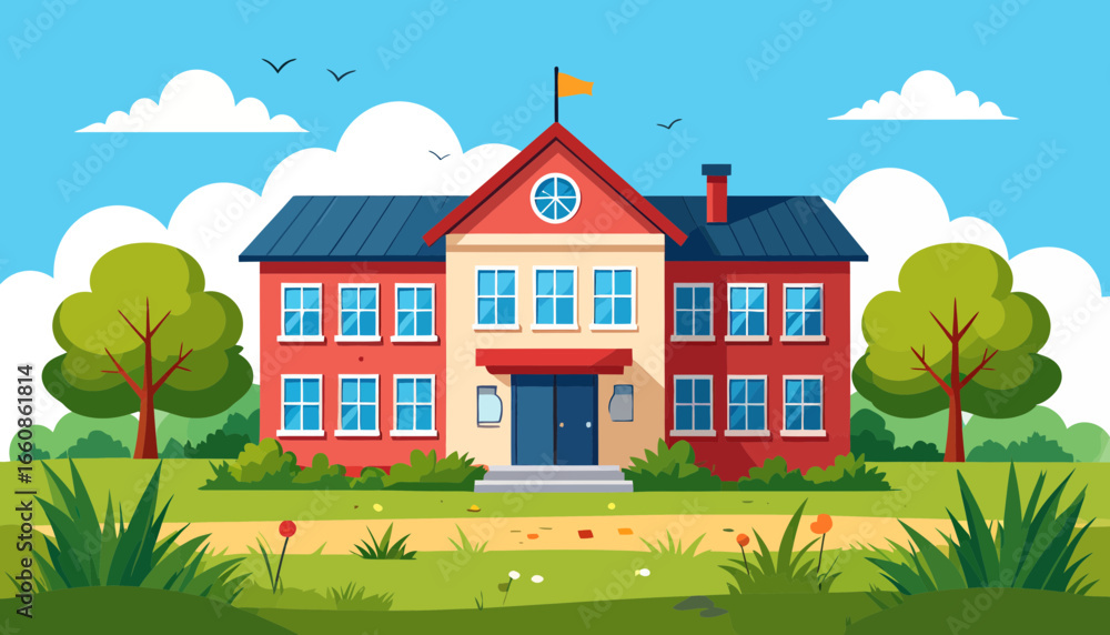 Naklejka premium A colorful cartoon illustration of a school building.