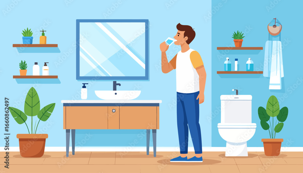 Fototapeta premium Man brushing teeth in bathroom interior.