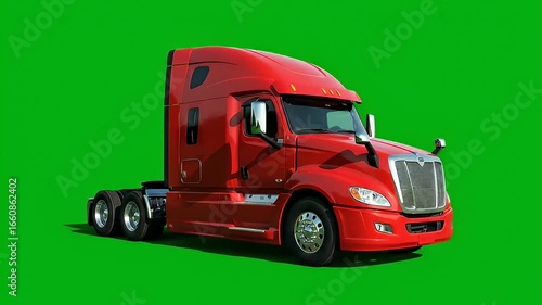 Isolated red semi trailer truck on green screen for easy chroma keying