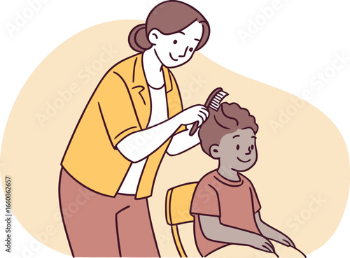 Vector illustration of a mother gently combing her child’s hair at home, showing love, care, and daily family routine in a warm, nurturing environment.