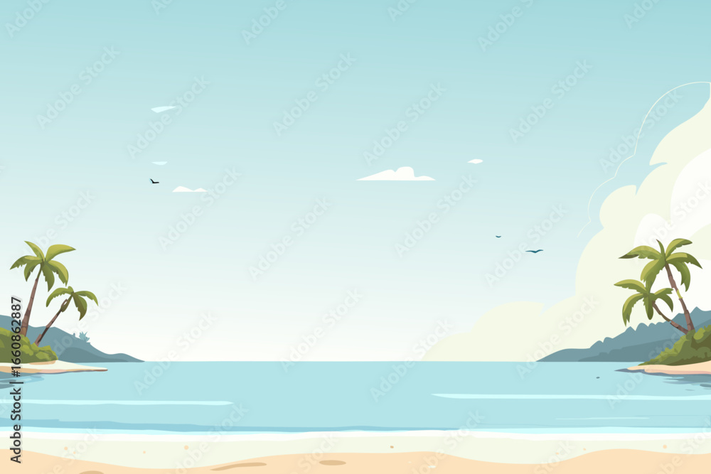 Fototapeta premium A serene tropical beach with palm trees and calm ocean waters in the background