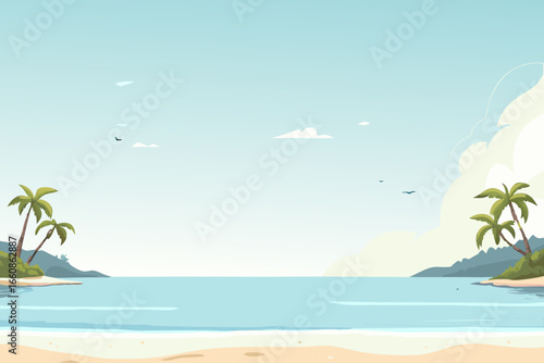 A serene tropical beach with palm trees and calm ocean waters in the background