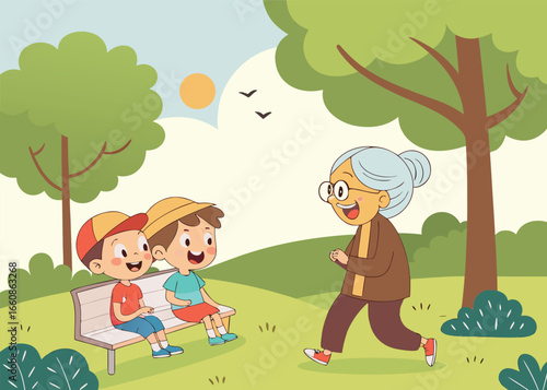 Cartoon vector illustration of grandmother spending time with grandchildren in park, family bonding, outdoor fun, childhood, and generational love concept.