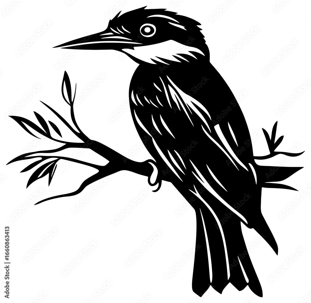 Fototapeta premium Silhouette of kingfisher bird standing on branch