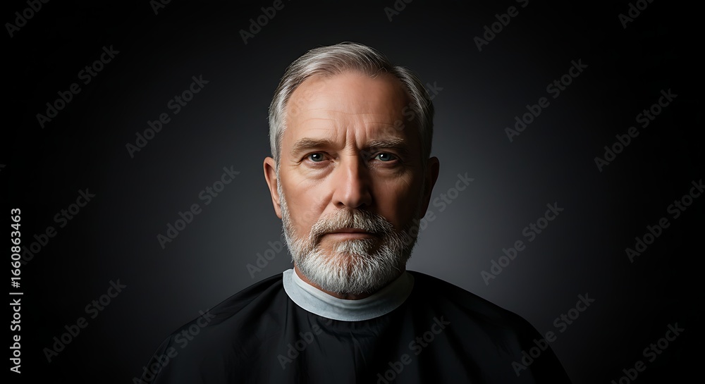 Obraz premium Mature Man Portrait Ready for Haircut Against Dark Background