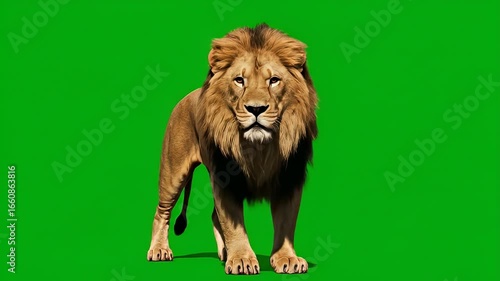 Majestic lion portrait against green screen background for easy compositing