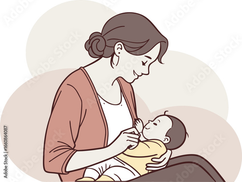 Vector illustration of a mother breastfeeding her baby, symbolizing maternal care, love, bonding, parenthood, nurturing, and healthy infant feeding.